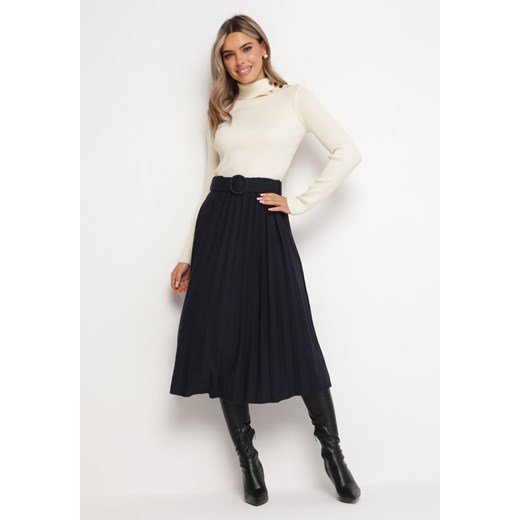 Granatowa Spódnica Midi Plisowana z Dopasowanym Paskiem w Komplecie Purnota ONE SIZE Born2be Odzież promocja