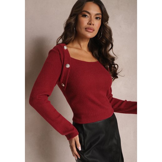 Bordowa Prążkowana Bluzka Sweter z Ozdobnymi Guzikami Dhekial ze sklepu Renee odzież w kategorii Swetry damskie - zdjęcie 164681929
