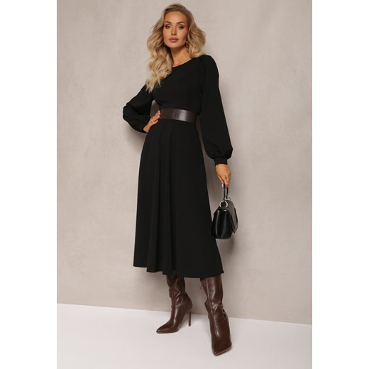 Czarna Sukienka Midi o Rozkloszowanym Fasonie z Bufiastymi Rękawami Amatya ze sklepu Renee odzież w kategorii Sukienki - zdjęcie 164687707
