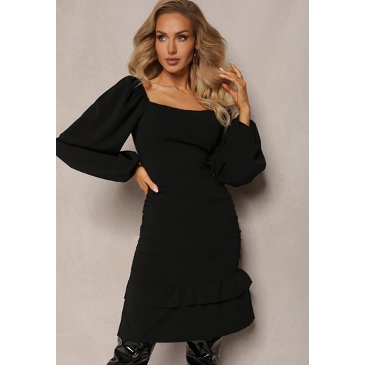 Czarna Dopasowana Sukienka z Kwadratowym Dekoltem i Falbanką Arozza ze sklepu Renee odzież w kategorii Sukienki - zdjęcie 164717916