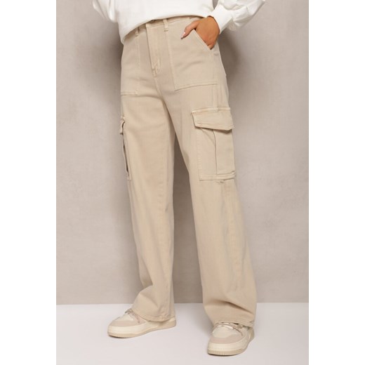 Jasnobeżowe Szerokie Jeansy z Bawełny High Waist w Stylu Bojówek Niaroa ze sklepu Renee odzież w kategorii Jeansy damskie - zdjęcie 164730717