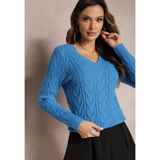 Niebieski Sweter z Dekoltem w Serek w Ozdobny Splot Helgitta ze sklepu Renee odzież w kategorii Swetry damskie - zdjęcie 164736307