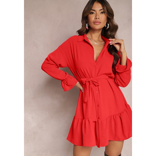 Czerwona Koszulowa Sukienka Mini z Falbanką i Wiązanym Paskiem Blisotta ze sklepu Renee odzież w kategorii Sukienki - zdjęcie 164789857