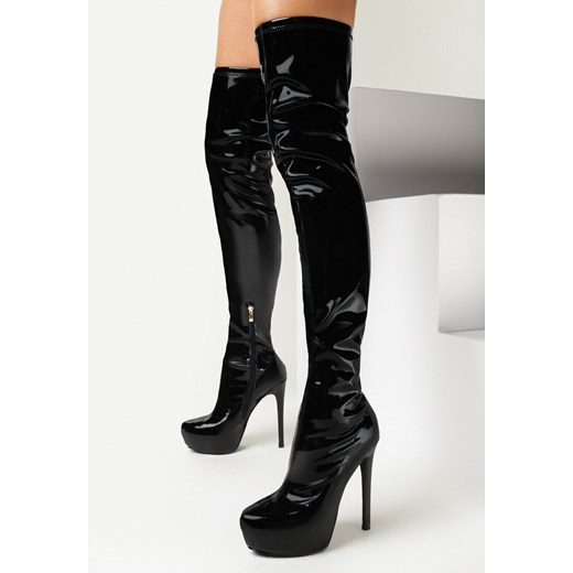 Czarne Lakierowane Kozaki za Kolano na Wysokiej Szpilce i Platformie Zobba ze sklepu born2be.pl w kategorii Kozaki damskie - zdjęcie 164794919