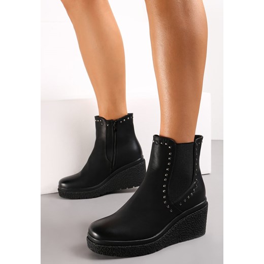 Czarne Botki na Koturnie z Elastyczną Wstawką i Nitami Rosee Renee 37 wyprzedaż renee.pl