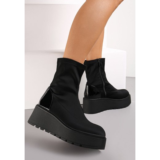 Czarne Botki na Wysokiej Platformie ze Skarpetkową Cholewką i Połyskującą Renee 38 promocja renee.pl