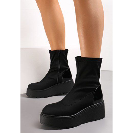 Czarne Botki na Wysokiej Platformie ze Skarpetkową Cholewką i Połyskującą Renee 40 wyprzedaż renee.pl