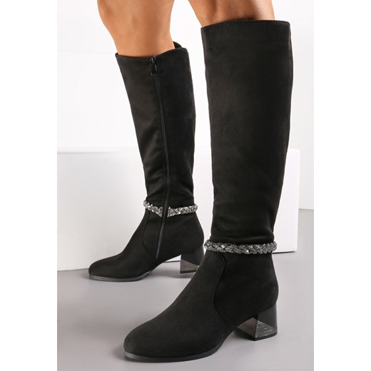 Czarne Kozaki z Imitacji Zamszu z Paskiem z Cyrkonii i Metalicznym Słupkiem Renee 37 wyprzedaż renee.pl
