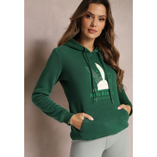 Zielona Bluza z Kapturem i Ozdobnym Nadrukiem Kliorre ze sklepu Renee odzież w kategorii Bluzy damskie - zdjęcie 164899765