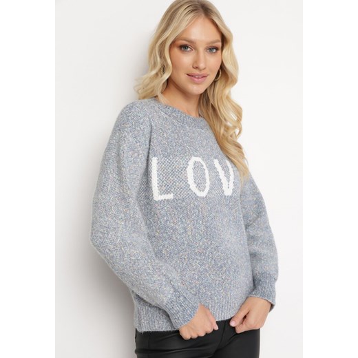 Granatowy Klasyczny Sweter z Napisem i Ściągaczami Haccate ze sklepu Born2be Odzież w kategorii Swetry damskie - zdjęcie 164899846