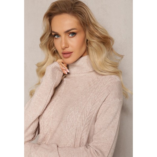 Beżowy Golf z Dzianiny Ozdobiony Splotem z Długimi Rękawami i Ściągaczami Juniro Renee M/L promocyjna cena Renee odzież