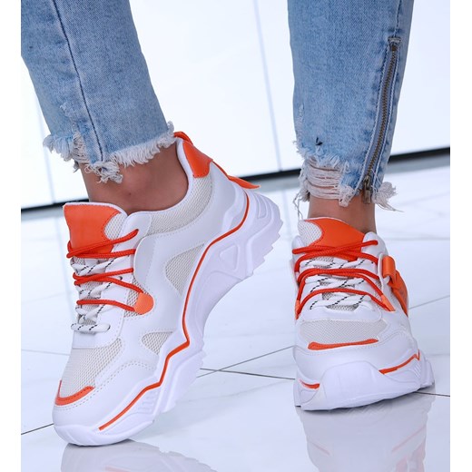Sznurowane biało pomarańczowe buty sportowe /D2-3 15113 T219/ ze sklepu Pantofelek24.pl w kategorii Buty sportowe damskie - zdjęcie 164903355