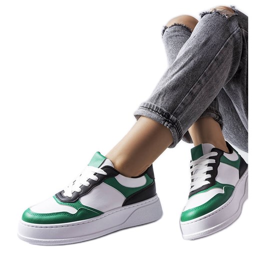 Biało-zielone buty na grubszej podeszwie Baron białe ze sklepu ButyModne.pl w kategorii Buty sportowe damskie - zdjęcie 164911636