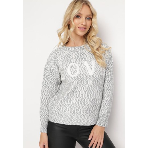 Szary Klasyczny Sweter z Napisem i Ściągaczami Haccate ze sklepu Born2be Odzież w kategorii Swetry damskie - zdjęcie 164931567