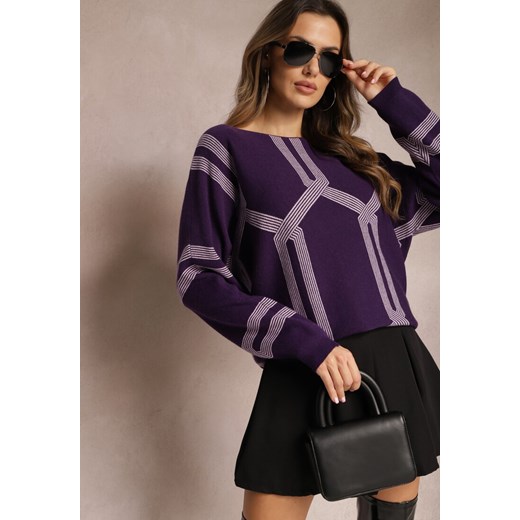 Ciemnofioletowy Sweter z Okrągłym Dekoltem i Wzorem w Paski Busso ze sklepu Renee odzież w kategorii Swetry damskie - zdjęcie 165003115