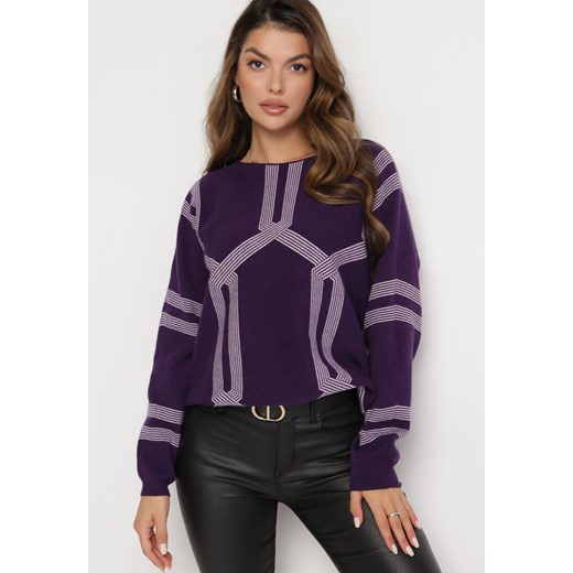 Ciemnofioletowy Sweter z Geometrycznym Wzorem i Ściągaczami Buvania ze sklepu Born2be Odzież w kategorii Swetry damskie - zdjęcie 165003476