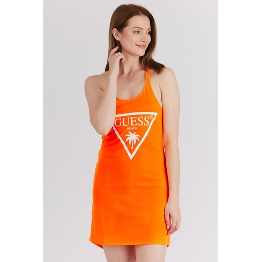 GUESS Pomarańczowa neonowa sukienka z trójkątnym logo, Wybierz rozmiar L ze sklepu outfit.pl w kategorii Sukienki - zdjęcie 165007508