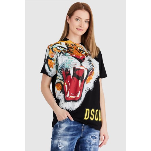 DSQUARED2 Czarny t-shirt damski z tygrysem, Wybierz rozmiar L ze sklepu outfit.pl w kategorii Bluzki damskie - zdjęcie 165008599