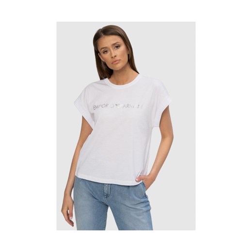 EMPORIO ARMANI Biały t-shirt ze srebrnym logo, Wybierz rozmiar S ze sklepu outfit.pl w kategorii Bluzki damskie - zdjęcie 165008616
