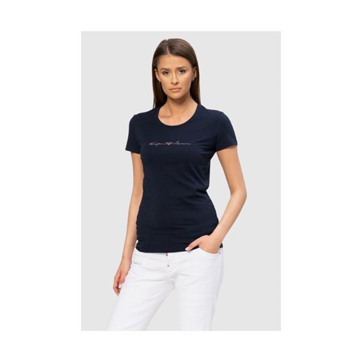 EMPORIO ARMANI Granatowy t-shirt z kryształkami, Rozmiar XS ze sklepu outfit.pl w kategorii Bluzki damskie - zdjęcie 165008636