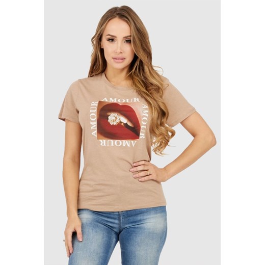 GUESS Beżowy t-shirt damski z nadrukiem amour, Wybierz rozmiar L ze sklepu outfit.pl w kategorii Bluzki damskie - zdjęcie 165008655