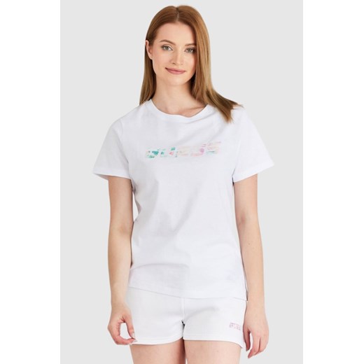 GUESS Biały t-shirt damski z kolorowym logo, Wybierz rozmiar L ze sklepu outfit.pl w kategorii Bluzki damskie - zdjęcie 165008727