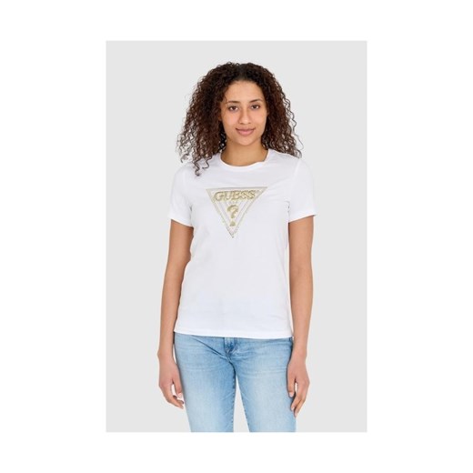 GUESS Biały t-shirt damski ze złotym haftowanym cyrkoniami logotypem slim fit, Wybierz rozmiar S ze sklepu outfit.pl w kategorii Bluzki damskie - zdjęcie 165008748