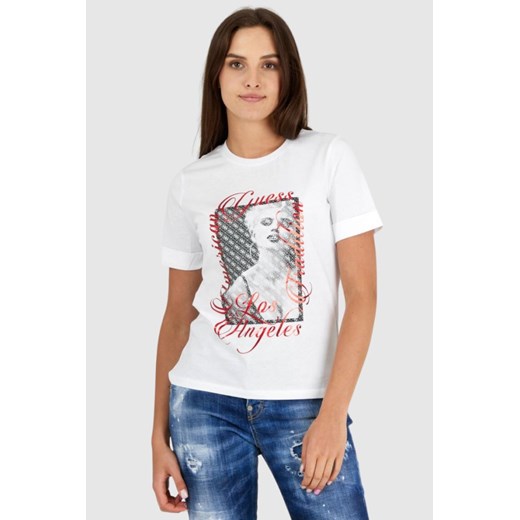 GUESS Biały t-shirt damski z nadrukiem, Wybierz rozmiar L ze sklepu outfit.pl w kategorii Bluzki damskie - zdjęcie 165008768
