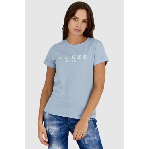 GUESS Błękitny t-shirt damski z białym logo, Wybierz rozmiar XS ze sklepu outfit.pl w kategorii Bluzki damskie - zdjęcie 165008776