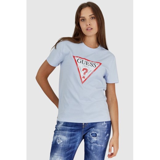 GUESS Błękitny t-shirt damski z vintage logo, Wybierz rozmiar L ze sklepu outfit.pl w kategorii Bluzki damskie - zdjęcie 165008788