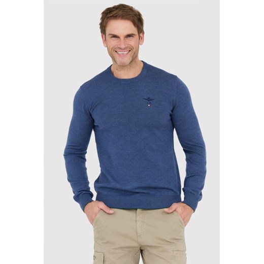 AERONAUTICA MILITARE Niebieski sweter męski z wełny merynosa, Wybierz rozmiar M ze sklepu outfit.pl w kategorii Swetry męskie - zdjęcie 165008888