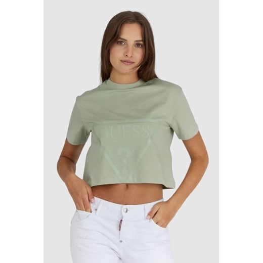 GUESS Krótki zielony t-shirt damski z logo, Wybierz rozmiar L ze sklepu outfit.pl w kategorii Bluzki damskie - zdjęcie 165008937