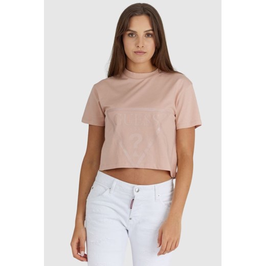 GUESS Krótki różowy t-shirt damski z logo, Wybierz rozmiar M ze sklepu outfit.pl w kategorii Bluzki damskie - zdjęcie 165008949