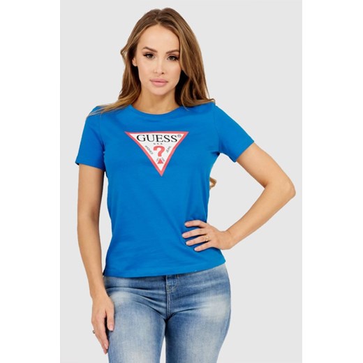 GUESS Niebieski t-shirt damski z dużym trójkątnym logo, Wybierz rozmiar S ze sklepu outfit.pl w kategorii Bluzki damskie - zdjęcie 165009008