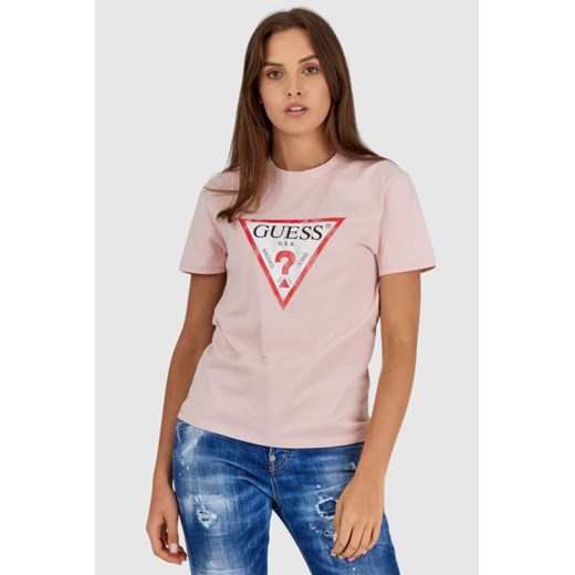 GUESS Różowy t-shirt damski z vintage logo, Wybierz rozmiar S ze sklepu outfit.pl w kategorii Bluzki damskie - zdjęcie 165009037