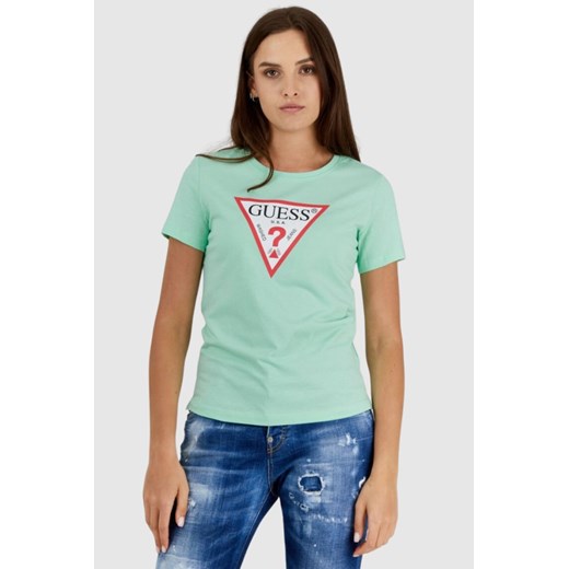 GUESS Zielony t-shirt damski z trójkątnym logo, Wybierz rozmiar S ze sklepu outfit.pl w kategorii Bluzki damskie - zdjęcie 165009128