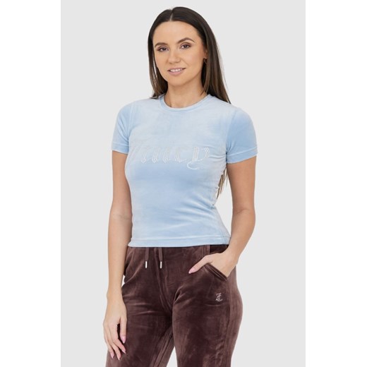 JUICY COUTURE Błękitny welurowy t-shirt z błyszczącym logo, Rozmiar M ze sklepu outfit.pl w kategorii Bluzki damskie - zdjęcie 165009156
