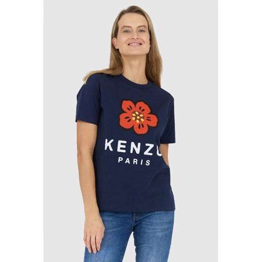 KENZO Granatowy t-shirt damski z czerwonym kwiatem, Wybierz rozmiar L ze sklepu outfit.pl w kategorii Bluzki damskie - zdjęcie 165009266