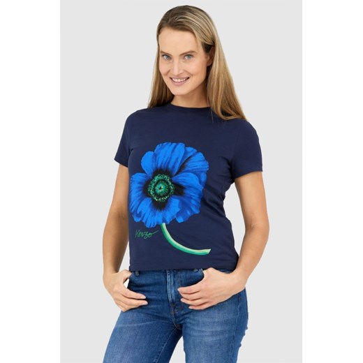 KENZO Granatowy t-shirt damski z niebieskim makiem, Wybierz rozmiar L ze sklepu outfit.pl w kategorii Bluzki damskie - zdjęcie 165009278