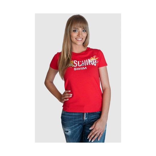 MOSCHINO T-shirt damski czerwony z nadrukiem logo i misia, Rozmiar XS ze sklepu outfit.pl w kategorii Bluzki damskie - zdjęcie 165009429