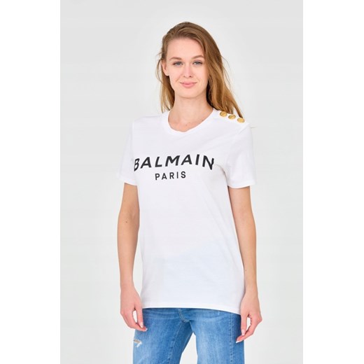 BALMAIN Biały damski t-shirt z guzikami, Wybierz rozmiar S ze sklepu outfit.pl w kategorii Bluzki damskie - zdjęcie 165009536
