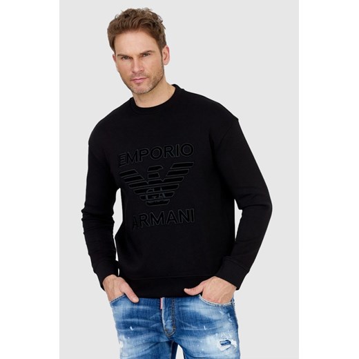 EMPORIO ARMANI Czarna bluza męska z aksamitnym logo, Wybierz rozmiar L ze sklepu outfit.pl w kategorii Bluzy męskie - zdjęcie 165010765