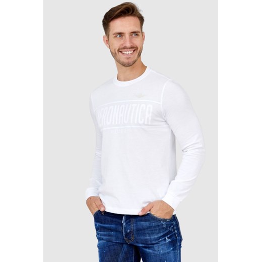 AERONAUTICA MILITARE Biały longsleeve męski z aksamitnym logo, Wybierz rozmiar XXL ze sklepu outfit.pl w kategorii T-shirty męskie - zdjęcie 165011355