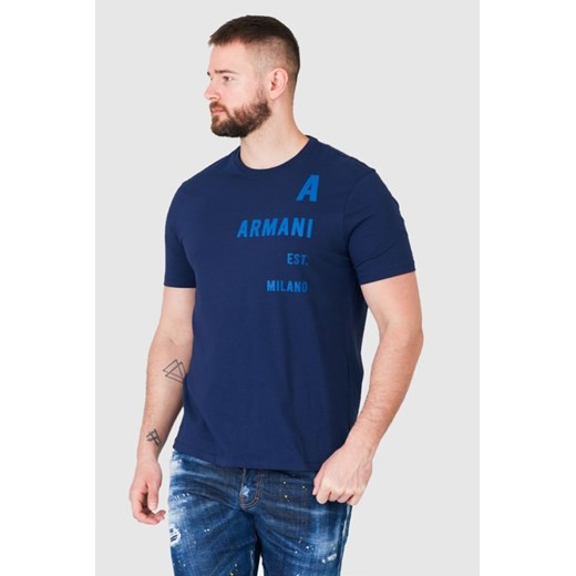 ARMANI EXCHANGE Granatowy t-shirt męski z niebieskim logo, Wybierz rozmiar L ze sklepu outfit.pl w kategorii T-shirty męskie - zdjęcie 165013668