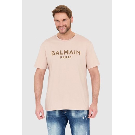 BALMAIN Beżowy t-shirt z aksamitnym logo flock and foil, Wybierz rozmiar 2XL ze sklepu outfit.pl w kategorii T-shirty męskie - zdjęcie 165013678