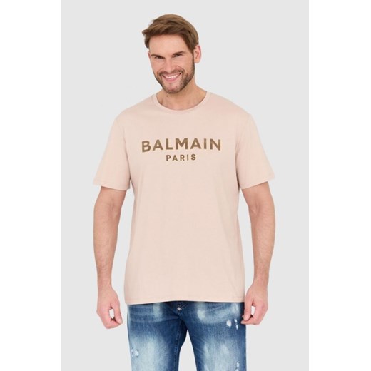 BALMAIN Beżowy t-shirt z aksamitnym logo flock and foil, Rozmiar 2XL ze sklepu outfit.pl w kategorii T-shirty męskie - zdjęcie 165013678