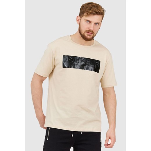 BALMAIN Beżowy t-shirt męski z aplikacją z logo, Wybierz rozmiar L ze sklepu outfit.pl w kategorii T-shirty męskie - zdjęcie 165013688