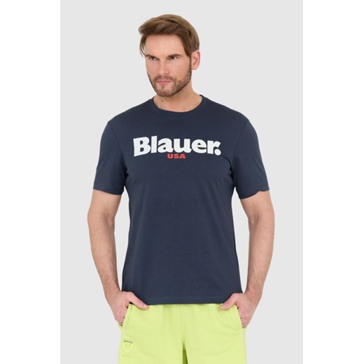 BLAUER Granatowy męski t-shirt z dużym logo, Wybierz rozmiar M ze sklepu outfit.pl w kategorii T-shirty męskie - zdjęcie 165013777