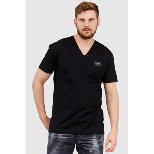 DOLCE & GABBANA Czarny t-shirt męski w serek z aplikacją z logo, Wybierz rozmiar 46 ze sklepu outfit.pl w kategorii T-shirty męskie - zdjęcie 165013836