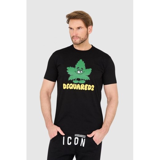 DSQUARED2 Czarny t-shirt z logo i zielonym liściem, Wybierz rozmiar S ze sklepu outfit.pl w kategorii T-shirty męskie - zdjęcie 165013889
